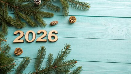 Wooden 2026 Numbers on Teal Rustic Background with Pine Needles - 2