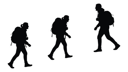 Silhouettes of hikers with backpacks isolated on white background, Vector