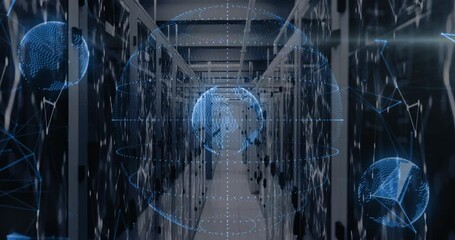On LED pulse, holographic globe forming and rotating over server aisle, visualizing network flow - Powered by Adobe
