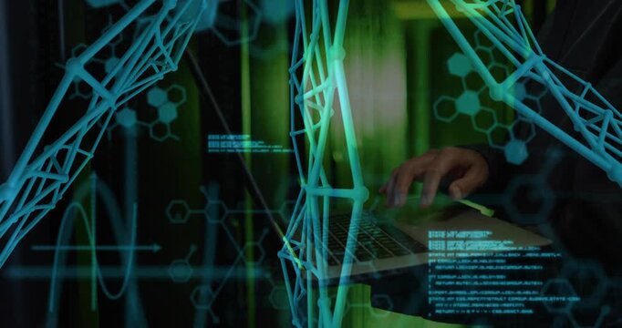Male developer typing on laptop, initiating green code and 3D network overlaying hands for security - Powered by Adobe
