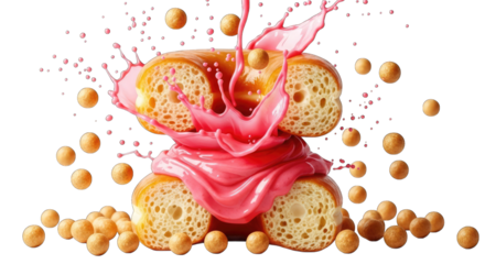 Donut with pink icing splash and donut holes isolated on transparent background