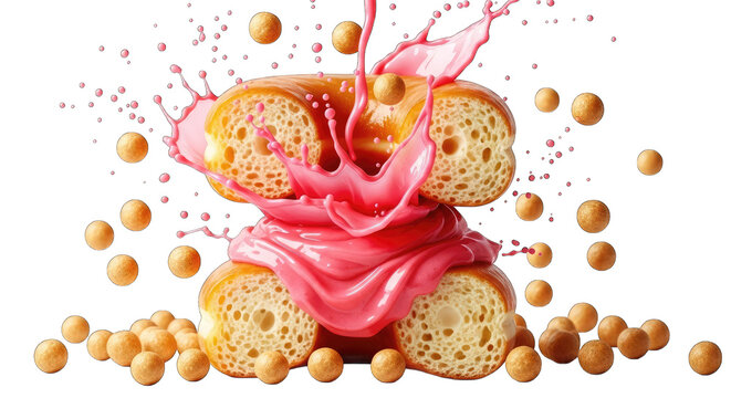 Donut with pink icing splash and donut holes isolated on transparent background