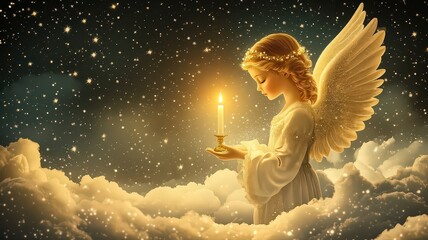 Painting of a Christmas angel with a lit candle, spreading hope and joy.