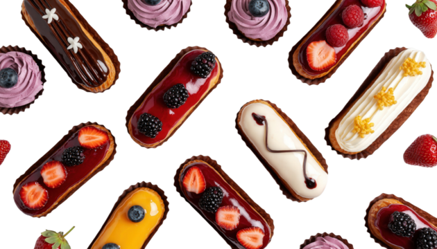 Overhead View of Assorted Artisanal Eclairs and Pastries with Vibrant Berry Toppings Cream Glazes and Delicate Textures Isolated on Transparent Background