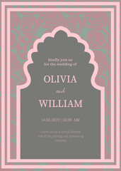 Stylish geometric layout with a scalloped arch frame, soft pink accents, and abstract circular patterns, all designed in a refined minimalist style for an elegant celebratory announcement