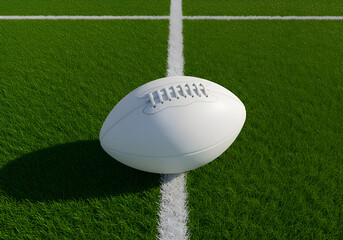 White American football on a green field with white lines. Centered object resting on a grassy playing surface. Sports equipment for professional football use in a stadium.