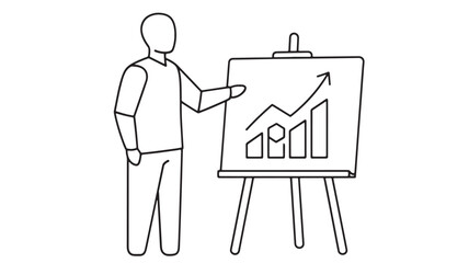 a simple black and white line drawing depicts a person presenting information on a whiteboard with a rising chart illustration