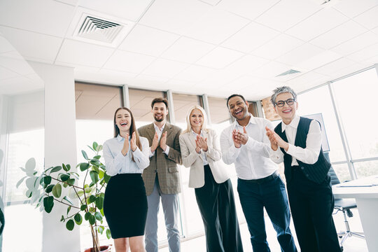 Business professionals clapping and celebrating teamwork success during a meeting in a bright modern office space