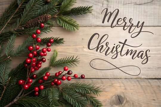 Merry christmas message with fir branches and red berries on wood