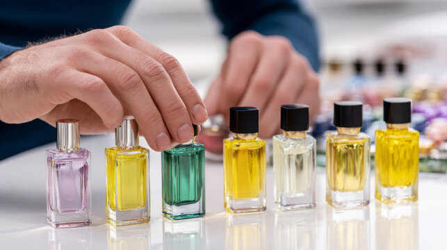 Male perfumer arranging various colorful glass bottles of fragrance on a white surface, showcasing the art of scent creation and the beauty of perfume design