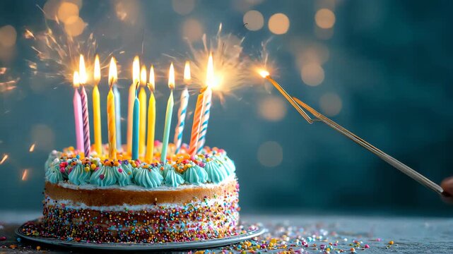 Colorful celebration birthday cake with colorful birthday candles and sparklers against a background