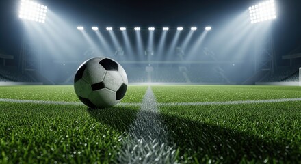 Experience the thrill of the game with this captivating soccer ball on the lush green field under stadium lights, perfect for sports promotions and excitement