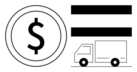 Coin with dollar sign emphasizes cost, equal sign suggests balance, and truck symbolizes shipping. Ideal for business, finance, logistics, cost analysis, delivery commerce supply chain. Simple flat