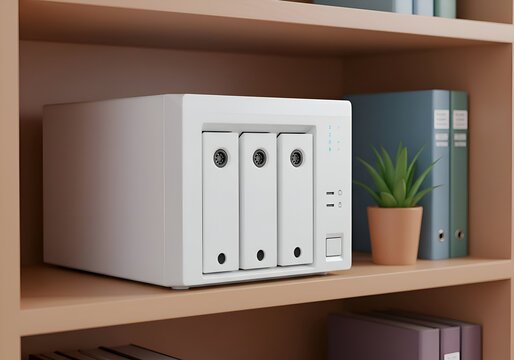 White triple-bay network attached storage device resting on a light beige wooden shelf. Modern, minimalist design with storage bays and control panel.
