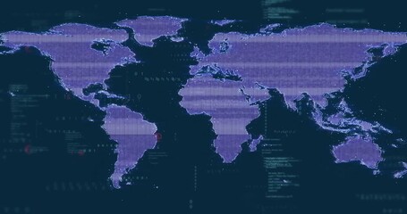 Cursor hovering initiating scan, purple world map pulsing markers shifting to dotted grid for data - Powered by Adobe