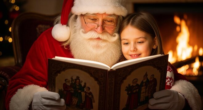Santa Claus reading a storybook to a girl by the fireplace
