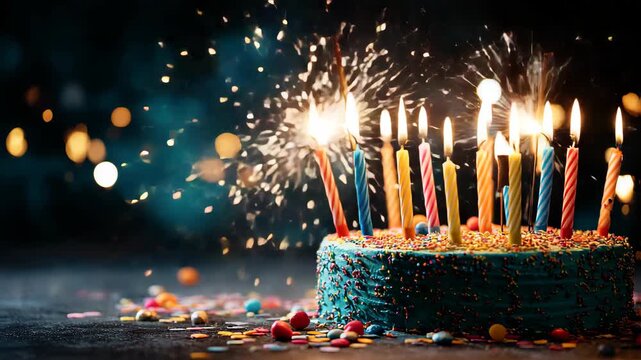 Colorful celebration birthday cake with colorful birthday candles and sparklers against a background