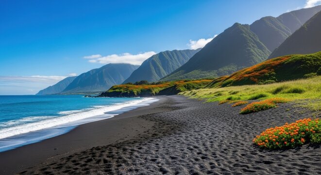 Discover Maui's stunning black sand beach with vibrant orange flowers and lush green mountains under a clear blue sky, an unforgettable Hawaiian paradise