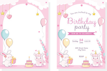 A cute invitation to a children's birthday party, with a picture of a toy unicorn, a bunny. Vector template with text on a pink background
