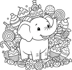 Cute Cartoon Baby Elephant Surrounded by Sweets – Adorable Candy-Themed Line Art Illustration for Kids, Coloring Pages, and Fun Designs
