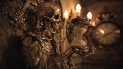 A detailed skeleton statue holding an hourglass. The background features dim lighting, candles, and an ornate clock, creating a mysterious atmosphere.