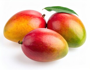 Close-up of three ripe tropical fruit, one with green leaf