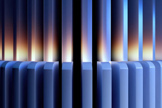 Abstract blue pillars with gradient light reflection in modern design