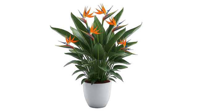 Bird of paradise plant with orange flowers in pot, isolated on transparent background