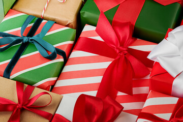 Many Christmas gift box with copy space for text, Christmas card design. Idea for Christmas advent calendar. Concept of preparation to tradition gift giving