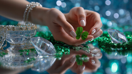 Anonymous hands placing clover with blurred figure and crystal clear green celebration accessories and symbols visible, with copy space