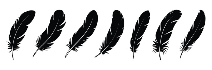 Fototapeta premium Set of bird feather icons featuring black quill, pen symbol, plumelets, flat style vector design, isolated on white background, perfect for creative projects, print, web and stationery.