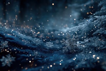 Intricate snowflake on a shimmering blue background with warm glowing lights