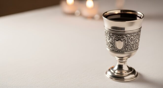 Silver kiddush cup filled with wine on table for Hanukkah celebration  