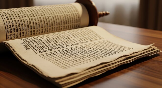 Open Torah scroll on wooden table with soft light and focus  