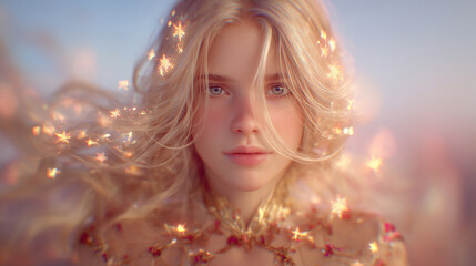 Enchanting wizard girl surrounded by magical light and sparkles in a fantasy setting at sunset