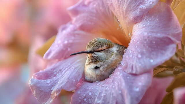 colorful tiny hummingbird peacefully sleeping inside a massive soft pink Tabebuia flower, nestled like in a natural cocoon. Its delicate body is barely visible among the petals