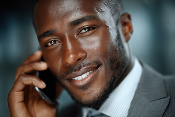 Confident young adult man smiling while talking on smartphone in formal suit
