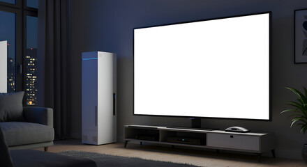 Modern living room with a city view, displaying a large flat-screen TV mounted on a contemporary media console. Stylish, minimalist d&eacute;cor with accent lighting.