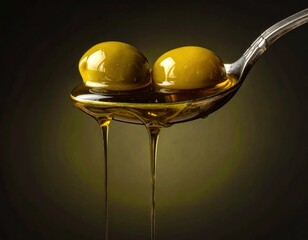 Close-up of green olives in oil on a spoon with drips