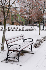 Snowy bench under tree. A bench covered with snow stands beneath leafless tree in quiet park. Concept of winter solitude, calm landscape, and seasonal outdoor background.