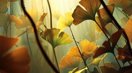 Backlit Ginkgo Leaves with Sunrise Sunlight and Shadows, Nature Scene, Bright Colors, Detailed Texture, Ethereal Mood, Botanical Illustration