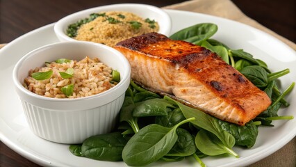 Grilled salmon fillet served with spinach, brown rice, and couscous in a healthy balanced meal, ideal for nutrition guides, clean eating content, or meal prep visuals