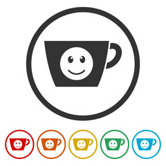 Smile coffee icon. Set icons in color circle buttons