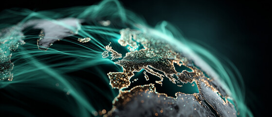 Glowing digital globe highlights Europe and Atlantic connections suggesting future sustainable economy with glowing data streams vibrant light and abstract network energy