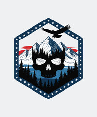 Naklejka premium Mountain Landscape Inside Star Bordered Emblem with Skull and Eagle Overhead Design Illustration