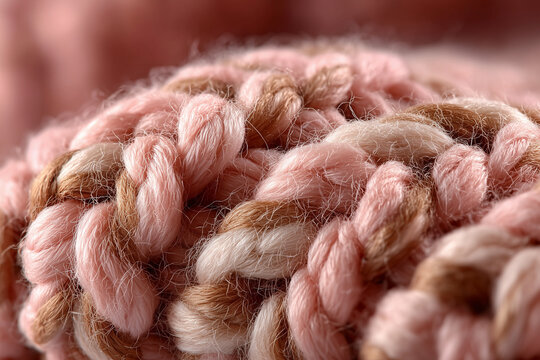 Close-up of soft chunky knitted fabric in powder pink tones, showing detailed yarn texture and cozy tactile fibers. Ideal for textile backgrounds and material design.