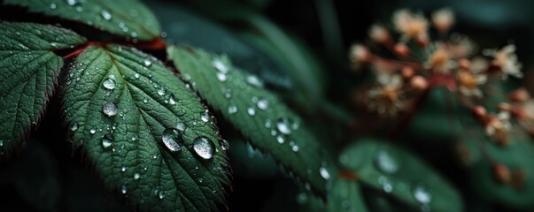 Close-up view of water droplets on vibrant green leaf surfaces