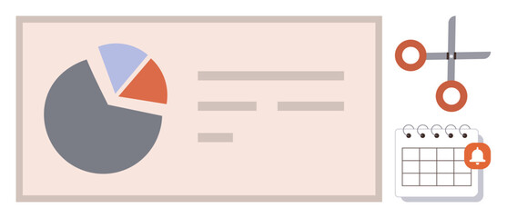 Data pie chart and notes alongside scissors and a calendar with reminder. Ideal for project management, budgeting, time management, scheduling, workplace collaboration, data analysis, productivity