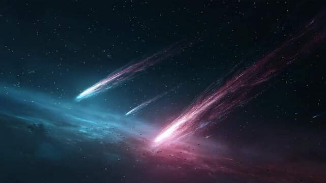 comets drifting through space, glowing tails, starry background, cosmic dust, ethereal atmosphere, vivid colors, space art, mesmerizing celestial phenomenon