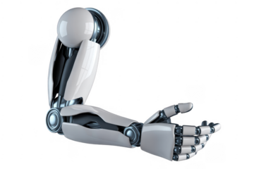 White robotic arm with articulated fingers open isolated on a transparent background